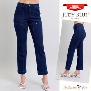Judy Blue High Rise Workwear Knee Patch Deep Indigo Wash Straight Denim Jeans